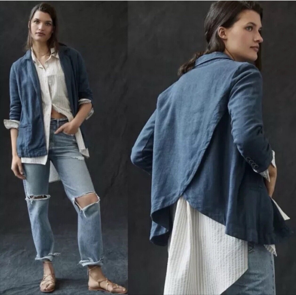 Anthropologie Blue Draped Linen Blazer